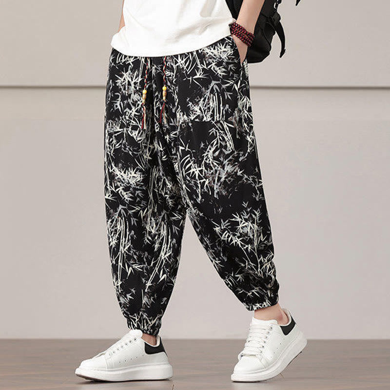 Pantalones harén con cordón y bolsillos para hombre con estampado de hojas de bambú y Buddha Stones - image 15