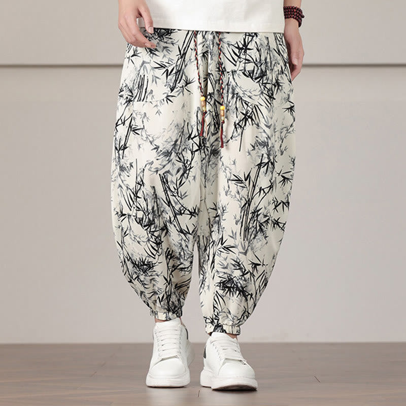 Pantalones harén con cordón y bolsillos para hombre con estampado de hojas de bambú y Buddha Stones - Beige - US/UK/AU46, EU56 (5XL) - image 0