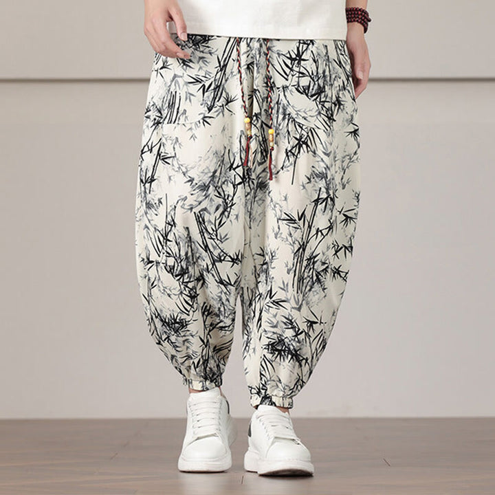 Pantalones harén con cordón y bolsillos para hombre con estampado de hojas de bambú y Buddha Stones - Beige - US/UK/AU46, EU56 (5XL) - image 0