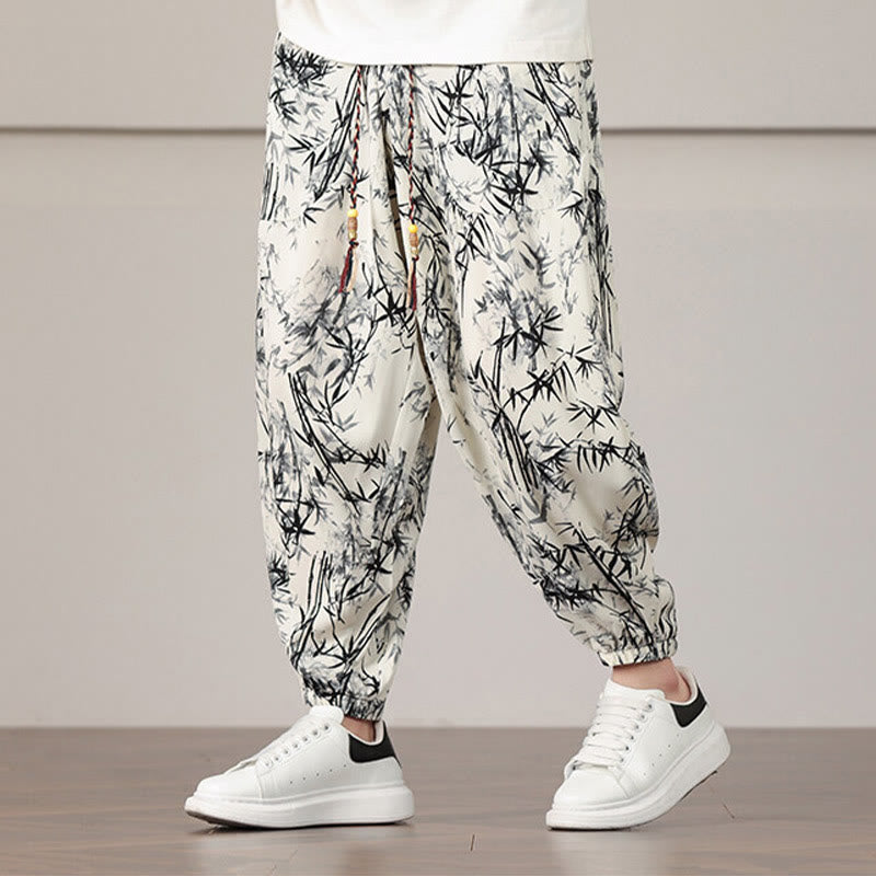 Pantalones harén con cordón y bolsillos para hombre con estampado de hojas de bambú y Buddha Stones - image 2