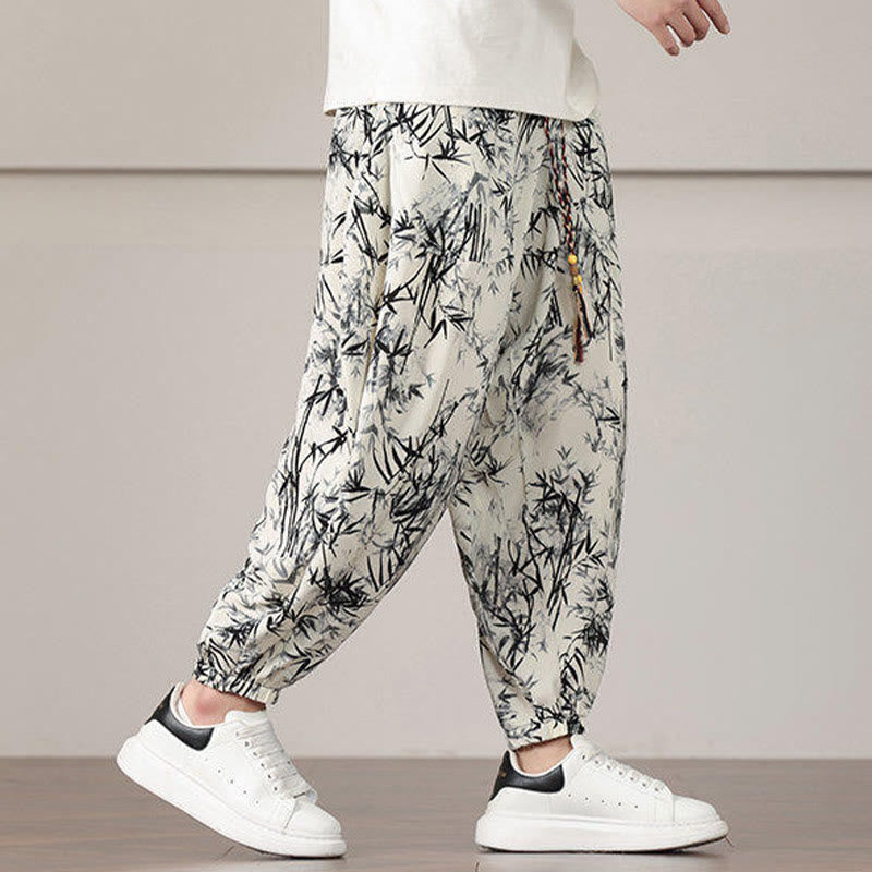 Pantalones harén con cordón y bolsillos para hombre con estampado de hojas de bambú y Buddha Stones - image 7