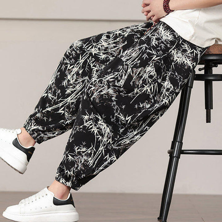 Pantalones harén con cordón y bolsillos para hombre con estampado de hojas de bambú y Buddha Stones - image 19