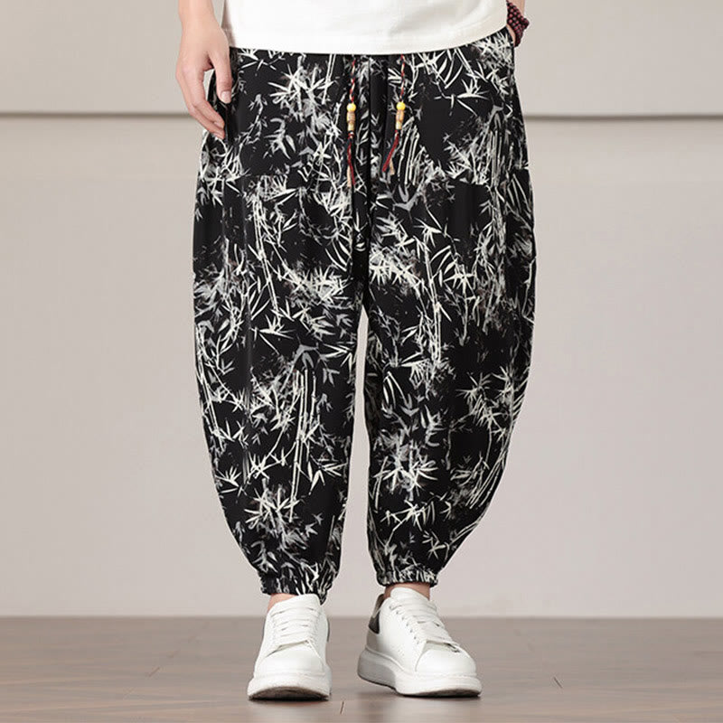 Pantalones harén con cordón y bolsillos para hombre con estampado de hojas de bambú y Buddha Stones - image 12