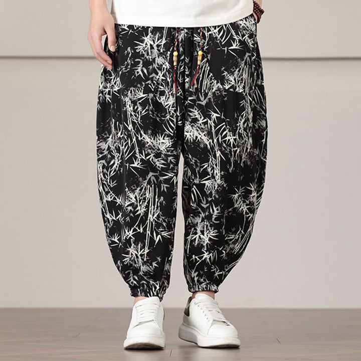 Pantalones harén con cordón y bolsillos para hombre con estampado de hojas de bambú y Buddha Stones - image 12