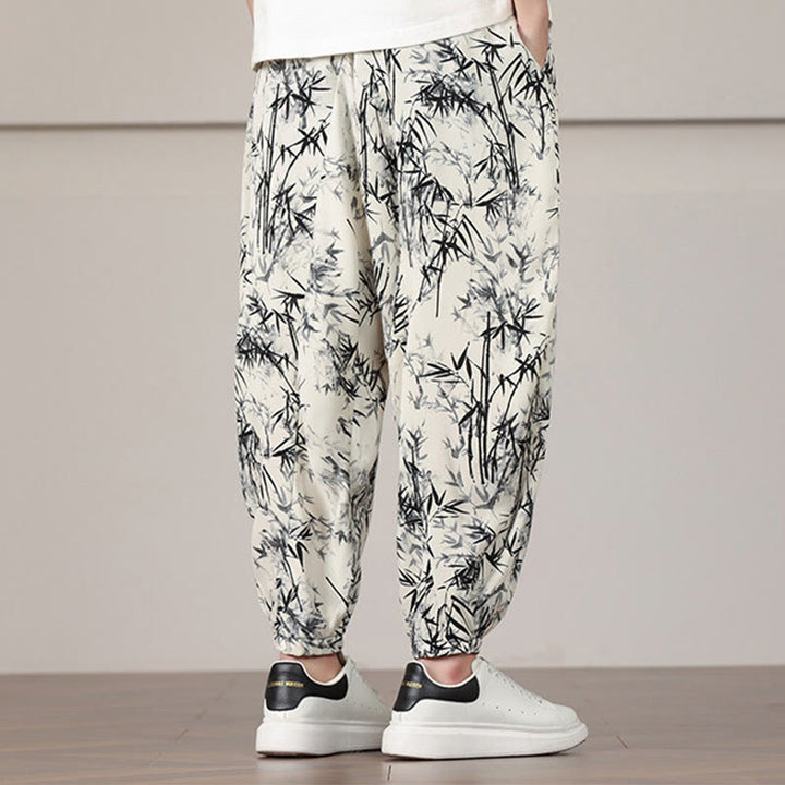 Pantalones harén con cordón y bolsillos para hombre con estampado de hojas de bambú y Buddha Stones - image 5