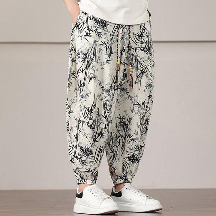 Pantalones harén con cordón y bolsillos para hombre con estampado de hojas de bambú y Buddha Stones - image 6