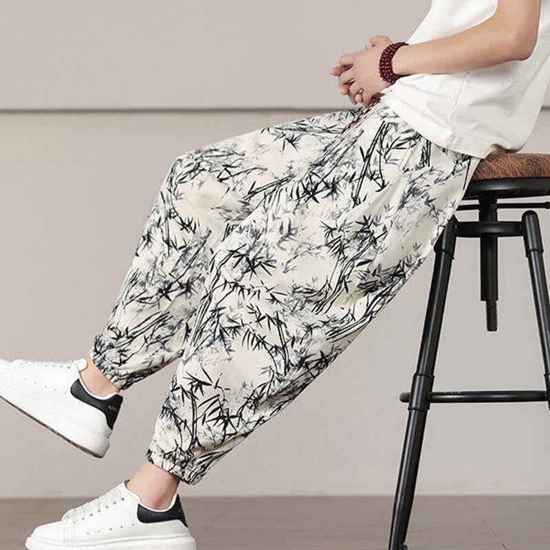 Pantalones harén con cordón y bolsillos para hombre con estampado de hojas de bambú y Buddha Stones - image 9