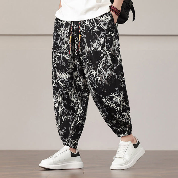 Pantalones harén con cordón y bolsillos para hombre con estampado de hojas de bambú y Buddha Stones - image 11