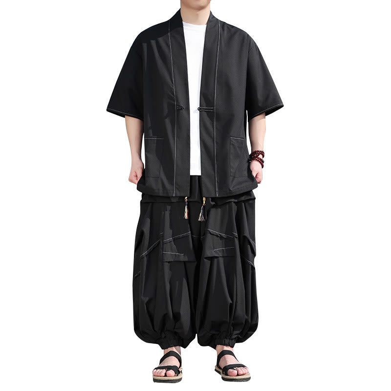 Chaqueta kimono de algodón con botones de rana negros para hombre, pantalones anchos con cordón y bolsillos, 2 Buddha Stones