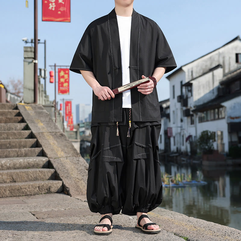 Chaqueta kimono de algodón con botones de rana negros para hombre, pantalones anchos con cordón y bolsillos, 2 Buddha Stones