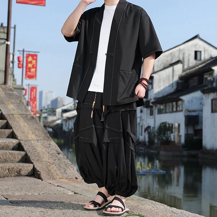 Chaqueta kimono de algodón con botones de rana negros para hombre, pantalones anchos con cordón y bolsillos, 2 Buddha Stones