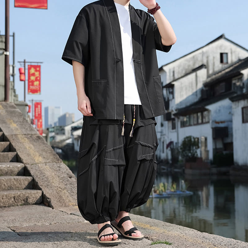 Chaqueta kimono de algodón con botones de rana negros para hombre, pantalones anchos con cordón y bolsillos, 2 Buddha Stones