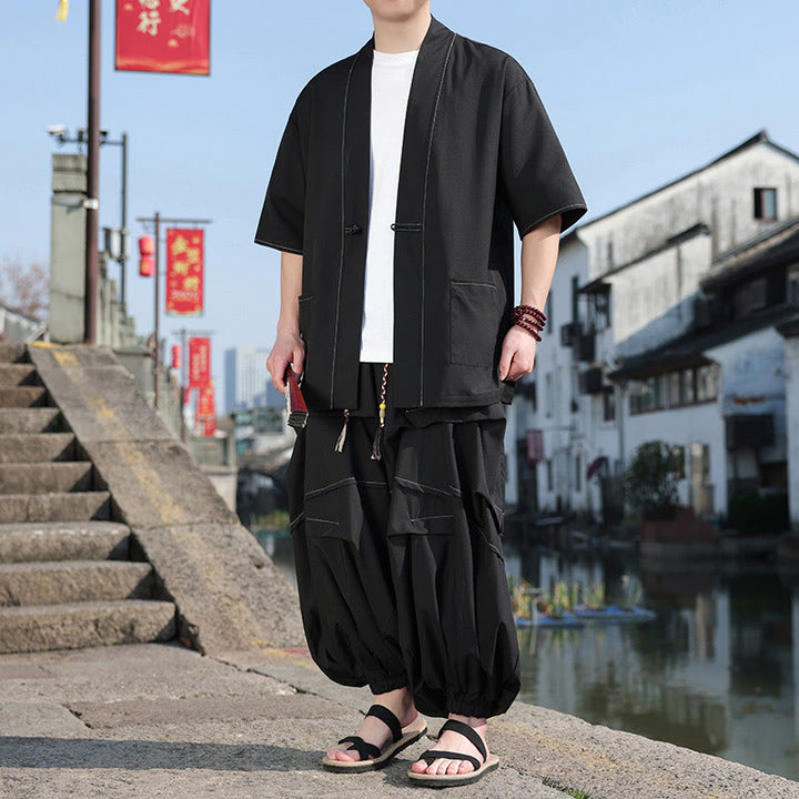 Chaqueta kimono de algodón con botones de rana negros para hombre, pantalones anchos con cordón y bolsillos, 2 Buddha Stones