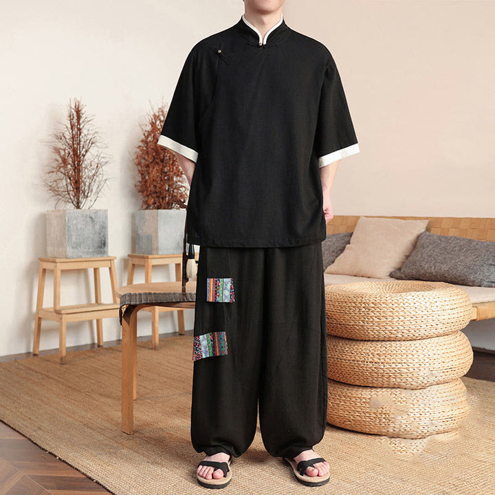 Conjunto de 2 piezas de camisa y pantalones anchos con botones de rana china para hombre con Buddha Stones y tela de meditación