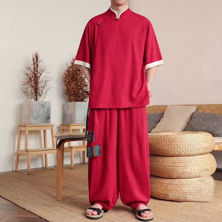 Conjunto de 2 piezas de camisa y pantalones anchos con botones de rana china para hombre con Buddha Stones y tela de meditación