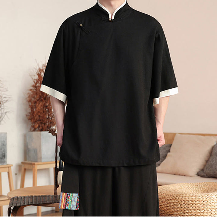 Conjunto de 2 piezas de camisa y pantalones anchos con botones de rana china para hombre con Buddha Stones y tela de meditación - image 3