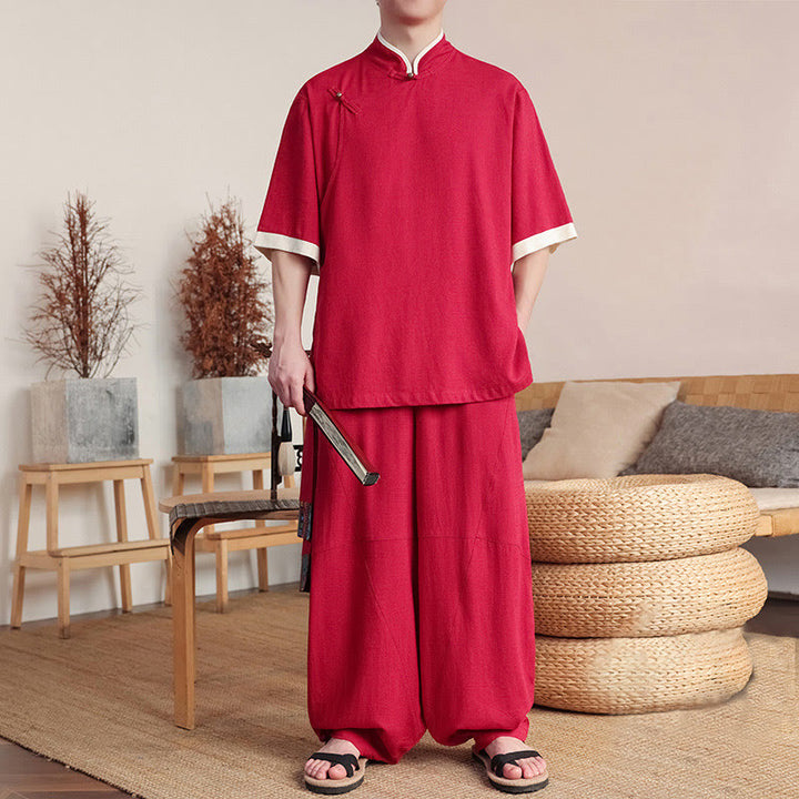 Conjunto de 2 piezas de camisa y pantalones anchos con botones de rana china para hombre con Buddha Stones y tela de meditación