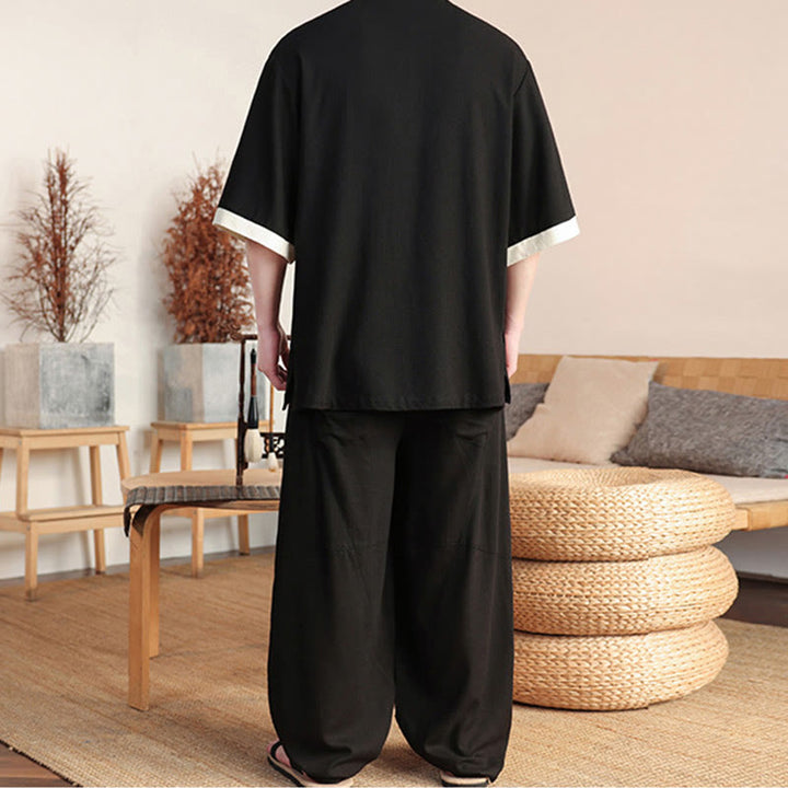 Conjunto de 2 piezas de camisa y pantalones anchos con botones de rana china para hombre con Buddha Stones y tela de meditación
