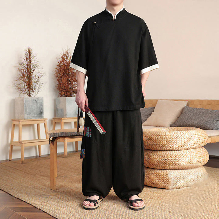 Conjunto de 2 piezas de camisa y pantalones anchos con botones de rana china para hombre con Buddha Stones y tela de meditación