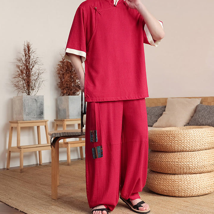 Conjunto de 2 piezas de camisa y pantalones anchos con botones de rana china para hombre con Buddha Stones y tela de meditación