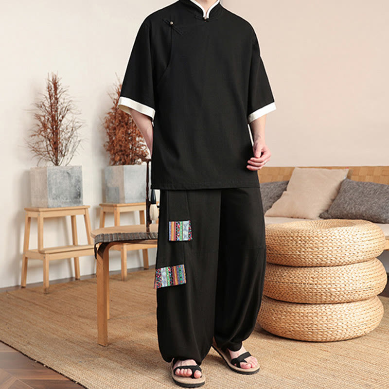 Conjunto de 2 piezas de camisa y pantalones anchos con botones de rana china para hombre con Buddha Stones y tela de meditación