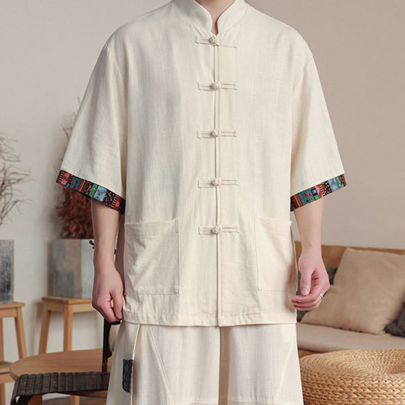 Conjunto de 2 piezas de camisa con botones de rana china y pantalones anchos de tela de meditación para hombre con bolsillos y Buddha Stones