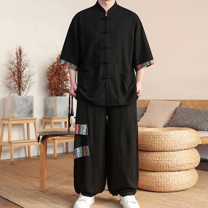 Conjunto de 2 piezas de camisa con botones de rana china y pantalones anchos de tela de meditación para hombre con bolsillos y Buddha Stones
