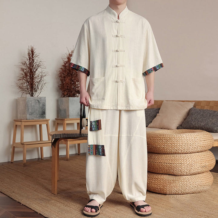 Conjunto de 2 piezas de camisa con botones de rana china y pantalones anchos de tela de meditación para hombre con bolsillos y Buddha Stones