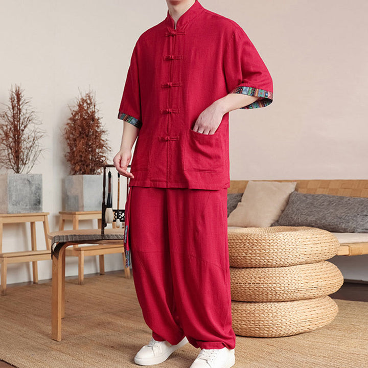 Conjunto de 2 piezas de camisa con botones de rana china y pantalones anchos de tela de meditación para hombre con bolsillos y Buddha Stones