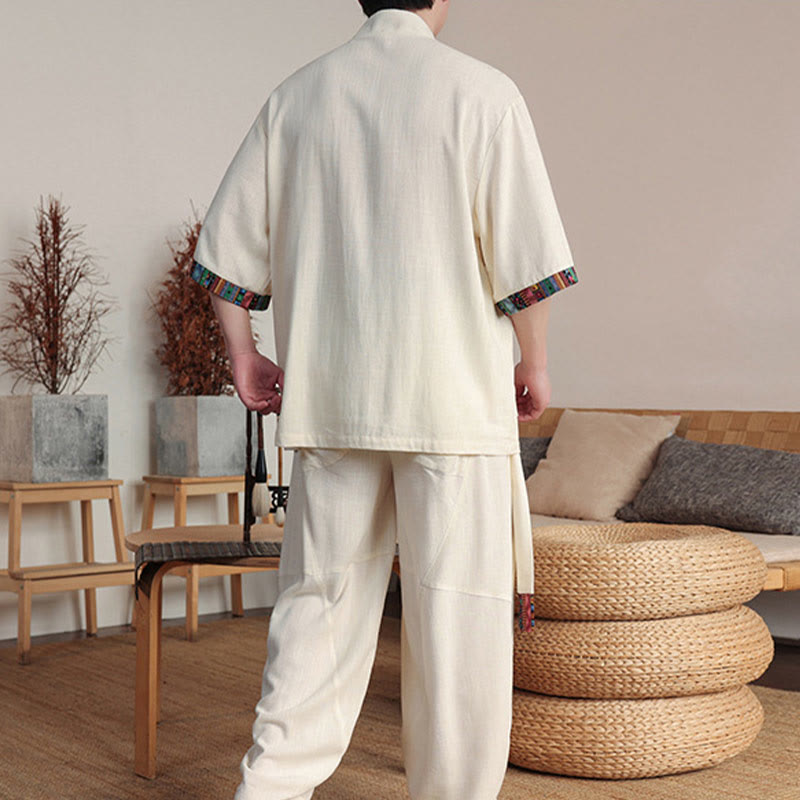 Conjunto de 2 piezas de camisa con botones de rana china y pantalones anchos de tela de meditación para hombre con bolsillos y Buddha Stones