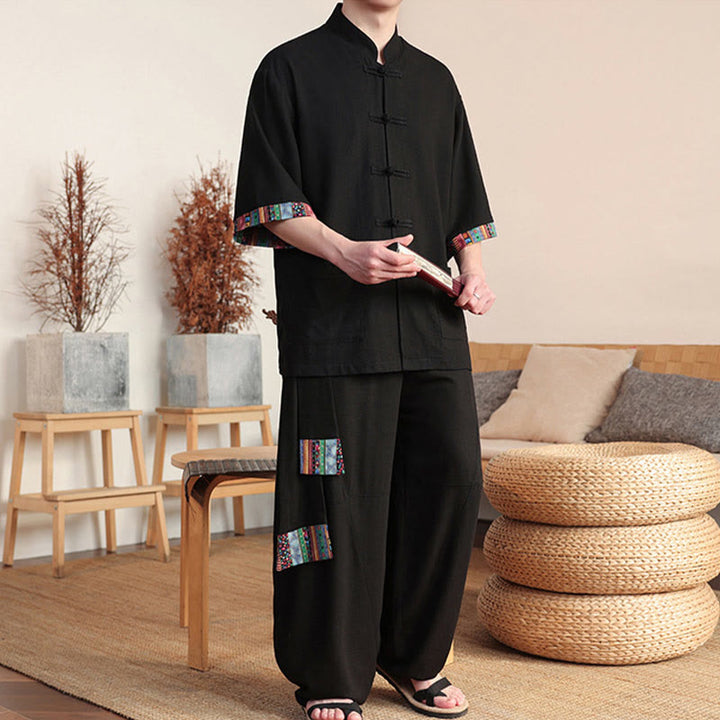 Conjunto de 2 piezas de camisa con botones de rana china y pantalones anchos de tela de meditación para hombre con bolsillos y Buddha Stones