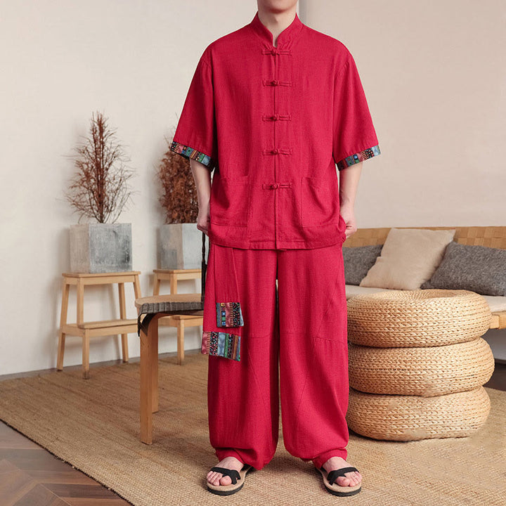 Conjunto de 2 piezas de camisa con botones de rana china y pantalones anchos de tela de meditación para hombre con bolsillos y Buddha Stones