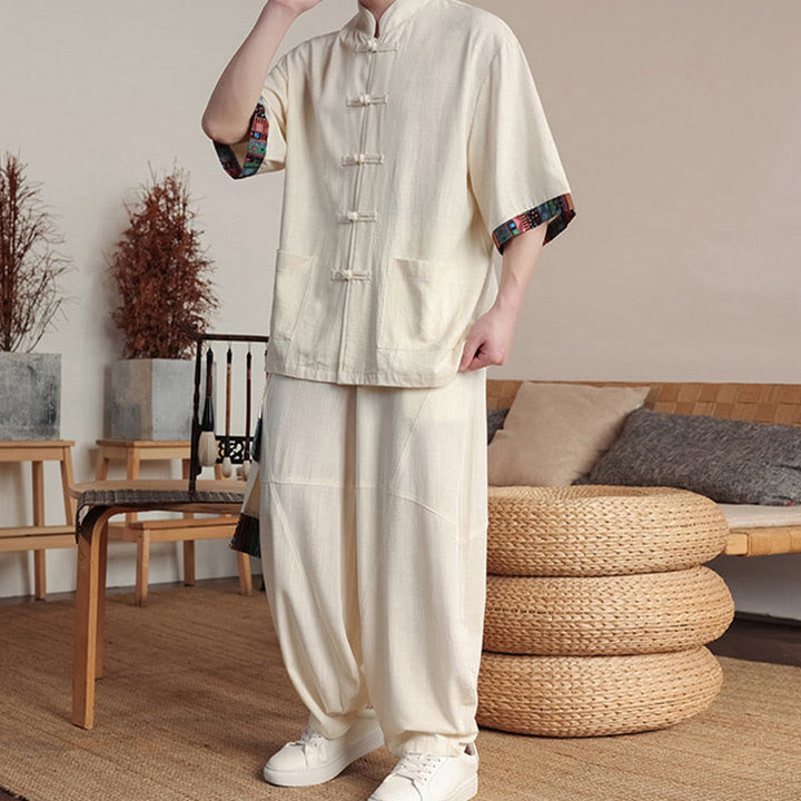 Conjunto de 2 piezas de camisa con botones de rana china y pantalones anchos de tela de meditación para hombre con bolsillos y Buddha Stones