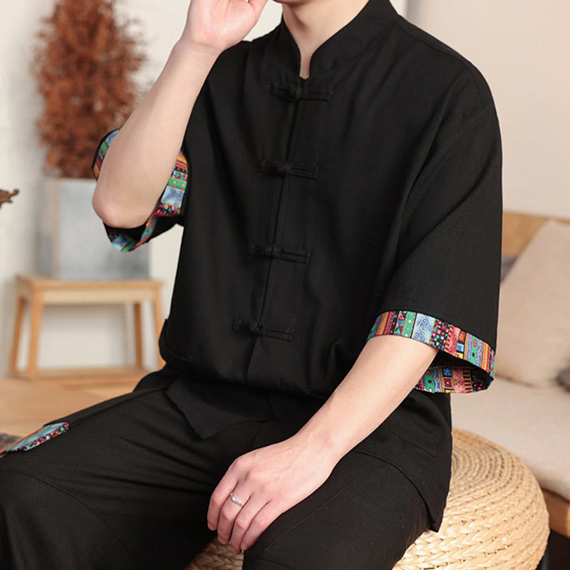 Conjunto de 2 piezas de camisa con botones de rana china y pantalones anchos de tela de meditación para hombre con bolsillos y Buddha Stones - image 16