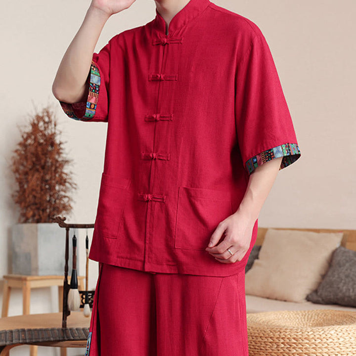 Conjunto de 2 piezas de camisa con botones de rana china y pantalones anchos de tela de meditación para hombre con bolsillos y Buddha Stones