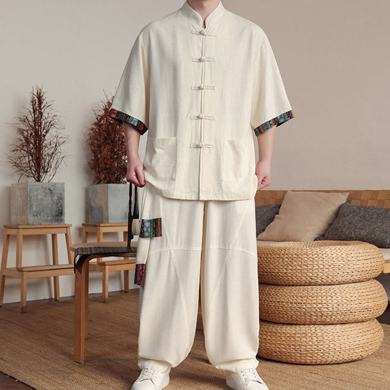 Conjunto de 2 piezas de camisa con botones de rana china y pantalones anchos de tela de meditación para hombre con bolsillos y Buddha Stones