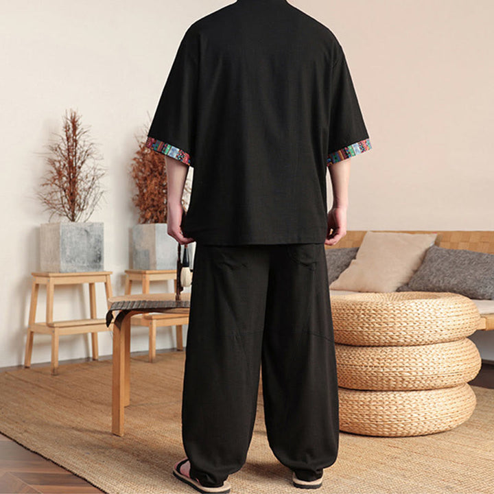 Conjunto de 2 piezas de camisa con botones de rana china y pantalones anchos de tela de meditación para hombre con bolsillos y Buddha Stones