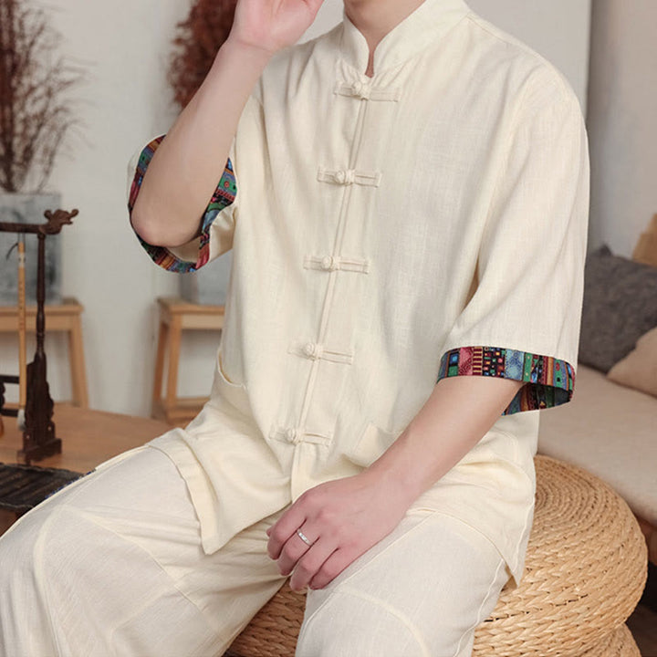 Conjunto de 2 piezas de camisa con botones de rana china y pantalones anchos de tela de meditación para hombre con bolsillos y Buddha Stones