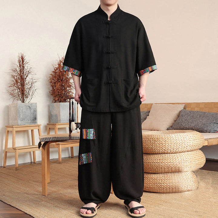 Conjunto de 2 piezas de camisa con botones de rana china y pantalones anchos de tela de meditación para hombre con bolsillos y Buddha Stones