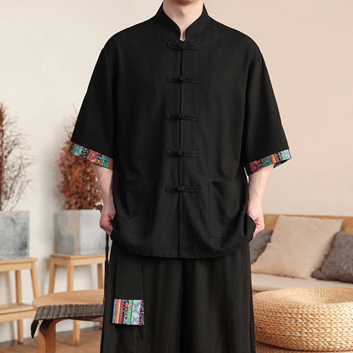 Conjunto de 2 piezas de camisa con botones de rana china y pantalones anchos de tela de meditación para hombre con bolsillos y Buddha Stones