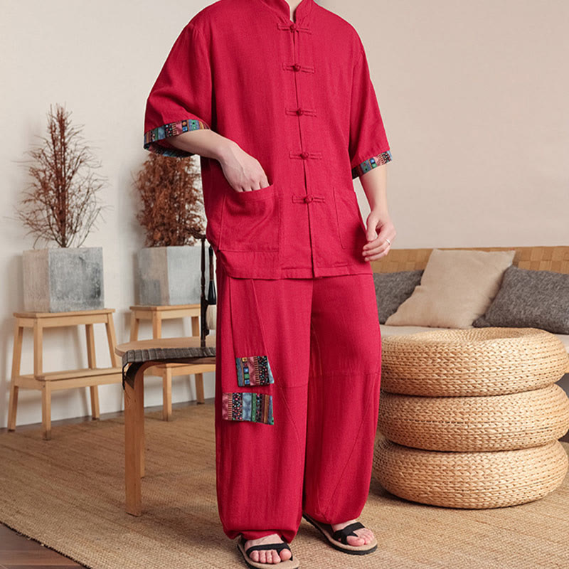 Conjunto de 2 piezas de camisa con botones de rana china y pantalones anchos de tela de meditación para hombre con bolsillos y Buddha Stones