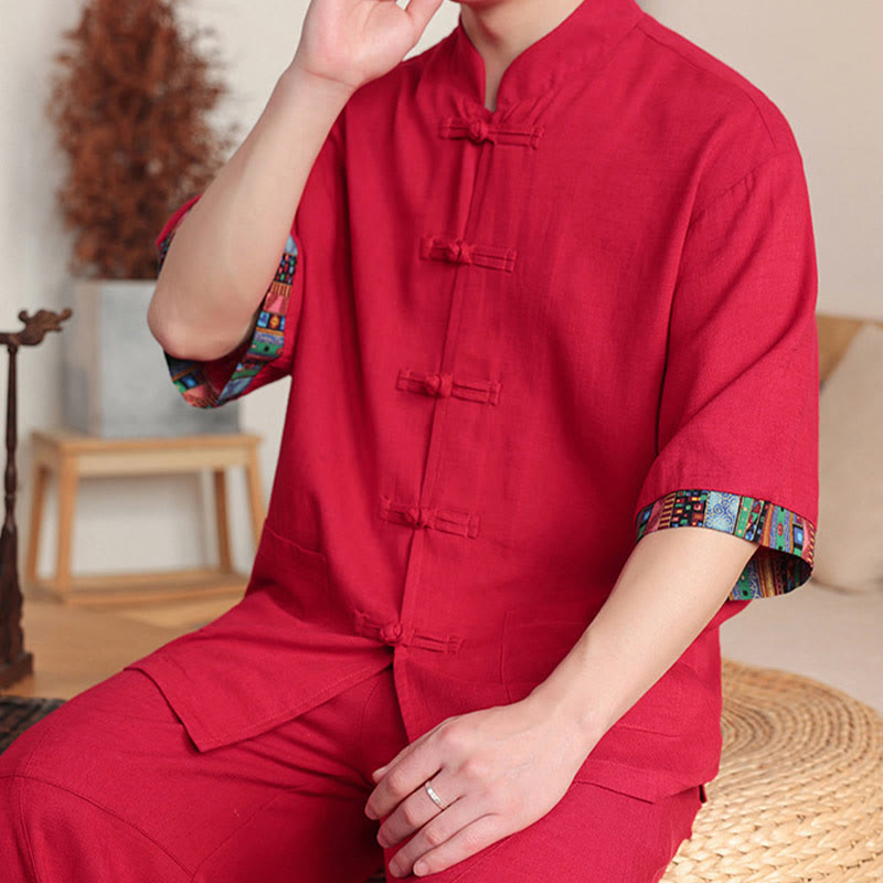 Conjunto de 2 piezas de camisa con botones de rana china y pantalones anchos de tela de meditación para hombre con bolsillos y Buddha Stones