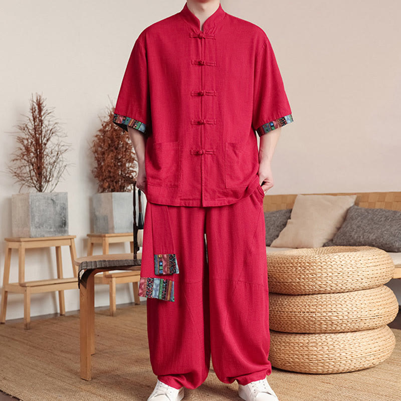 Conjunto de 2 piezas de camisa con botones de rana china y pantalones anchos de tela de meditación para hombre con bolsillos y Buddha Stones