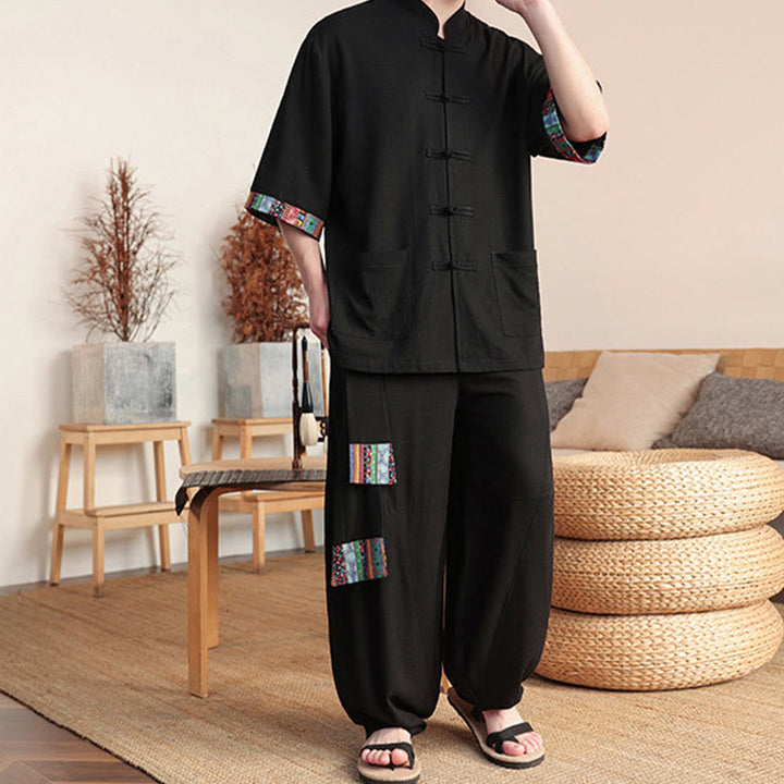 Conjunto de 2 piezas de camisa con botones de rana china y pantalones anchos de tela de meditación para hombre con bolsillos y Buddha Stones