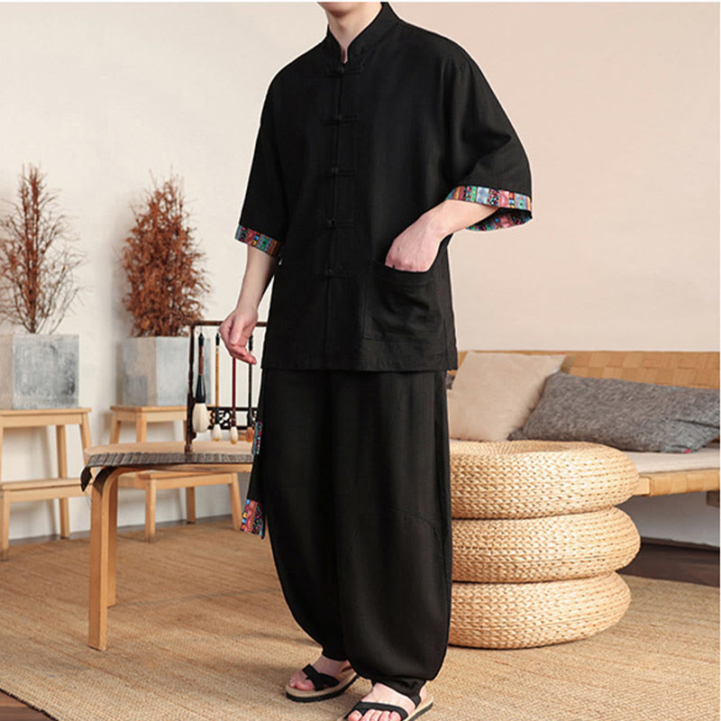 Conjunto de 2 piezas de camisa con botones de rana china y pantalones anchos de tela de meditación para hombre con bolsillos y Buddha Stones - image 10