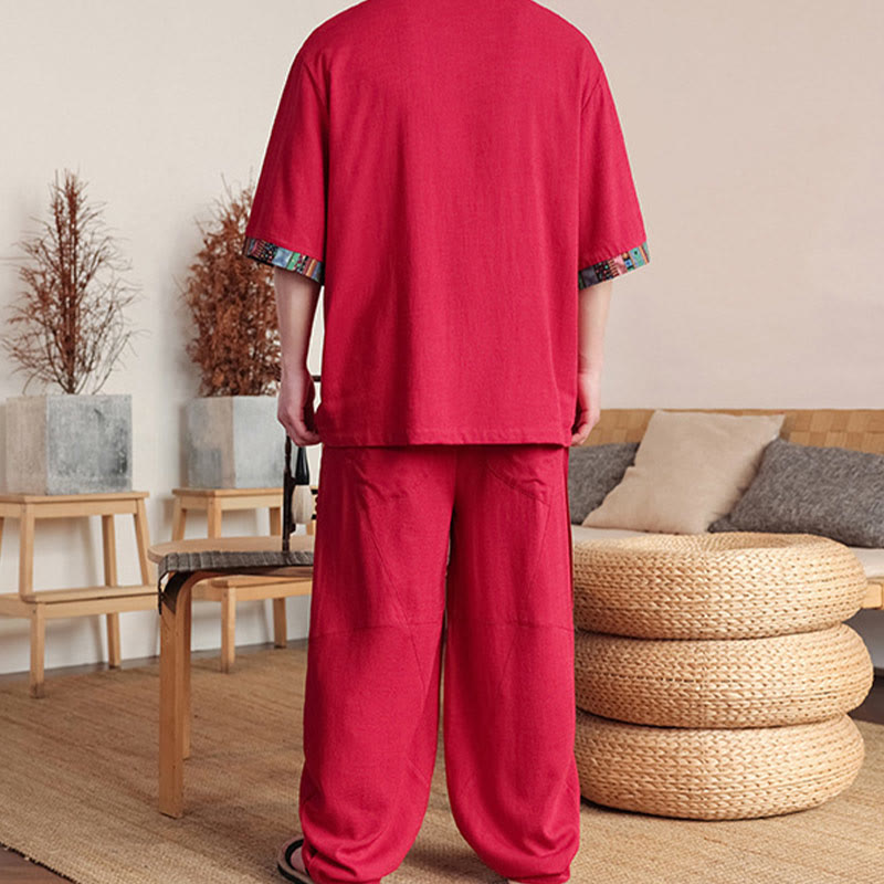 Conjunto de 2 piezas de camisa con botones de rana china y pantalones anchos de tela de meditación para hombre con bolsillos y Buddha Stones