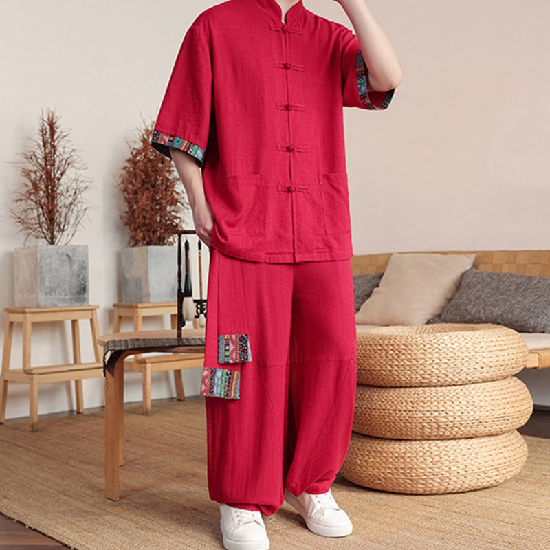 Conjunto de 2 piezas de camisa con botones de rana china y pantalones anchos de tela de meditación para hombre con bolsillos y Buddha Stones