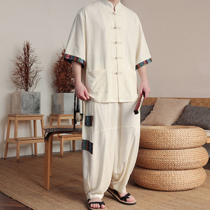 Conjunto de 2 piezas de camisa con botones de rana china y pantalones anchos de tela de meditación para hombre con bolsillos y Buddha Stones