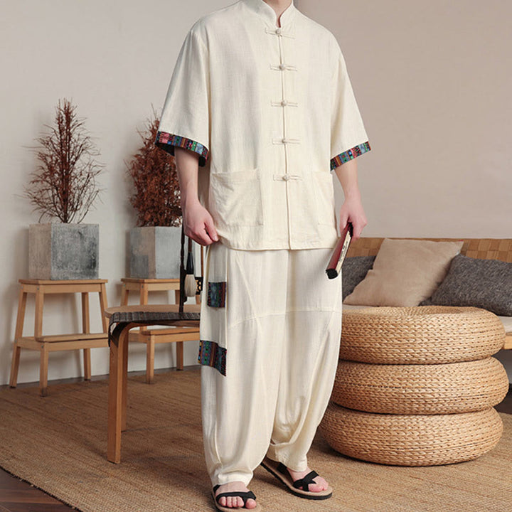 Conjunto de 2 piezas de camisa con botones de rana china y pantalones anchos de tela de meditación para hombre con bolsillos y Buddha Stones
