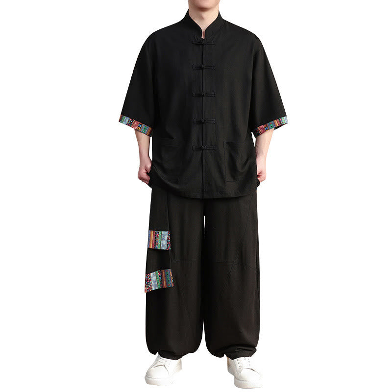 Conjunto de 2 piezas de camisa con botones de rana china y pantalones anchos de tela de meditación para hombre con bolsillos y Buddha Stones